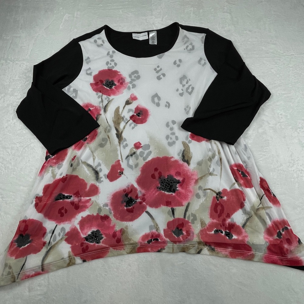Alfred Dunner Womens XL Black Red Floral Poppy Beaded Layered Tunic Top Summer